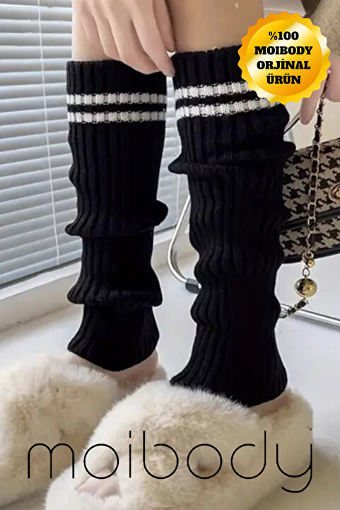 Moibody %100 Akrilik Premium Triko Örgü Leg Warmer Ayak Isıtıcı Tozluk Çizgili Siyah