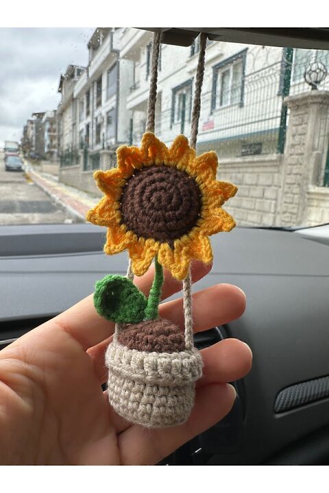Genel Markalar Amigurumi Ayçiçeği El Emeği Araba Süsü, Araba Hediyesi, Araba Ayna Süsü