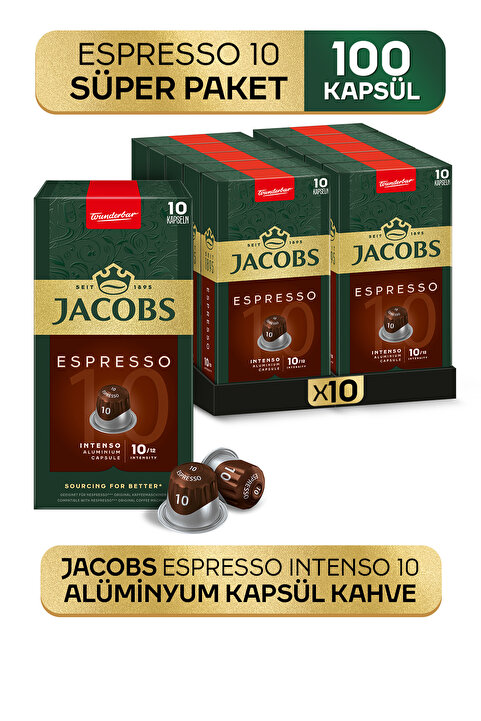 Jacobs Espresso 10 Intenso Nespresso Uyumlu Alüminyum Kapsül Kahve 10 Adet X 10 Paket