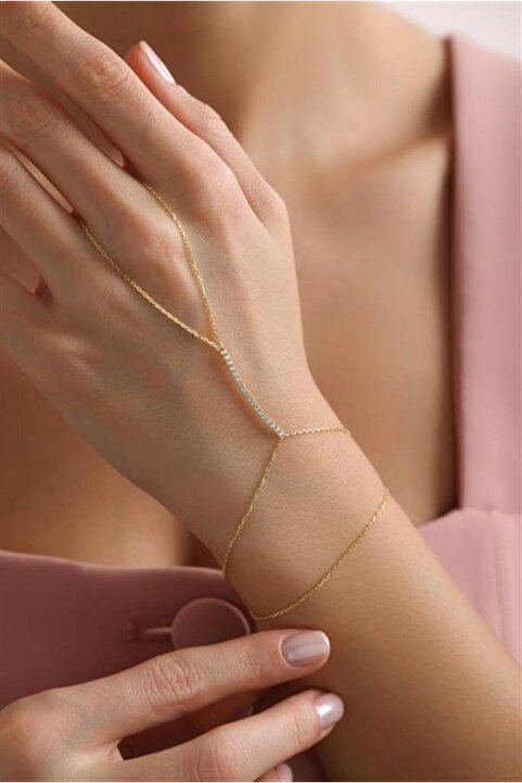 NEREZE 925 Ayar Gümüş Gold Kaplama Zirkon Taşlı Çubuk Model Şahmeran Bileklik