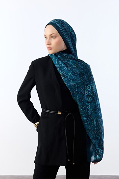 MİRSOY SCARF Etnik Desen Şal Mihra Desen-turkuaz