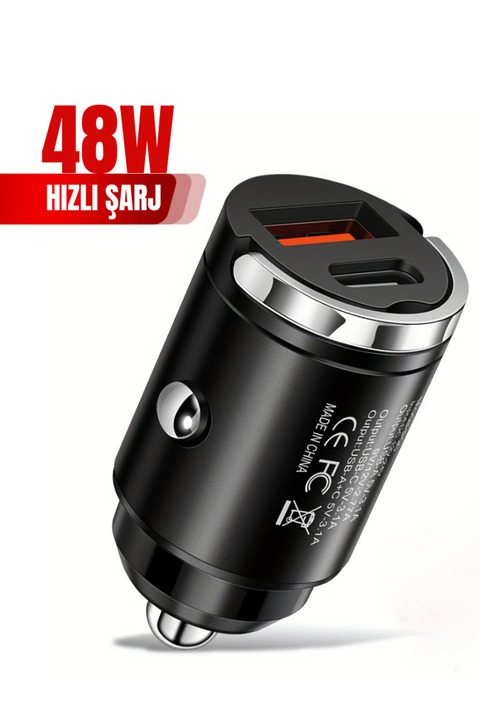 Tech&bello accessories 48W Araç Şarj Aleti 1x Usb 1x Type-c Hızlı Çakmaklık Girişli Apple Android Tam Uyumlu BC-01