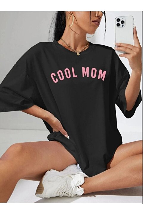 MARECASH Kadın Siyah Cool Mom (PEMBE BASKILI) Hamile Tişört %100 Pamuk