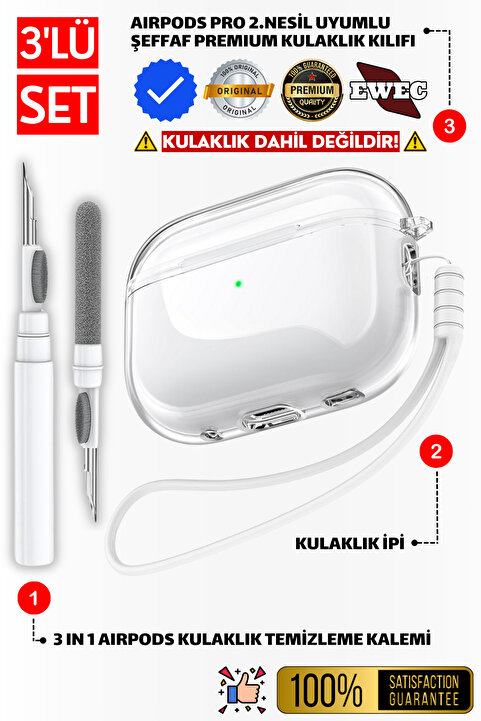 EWEC Pro 2.Nesil Uyumlu Şeffaf Premium Kulaklık Kılıfı, Kulaklık İpi ve 3'ü 1 Arada Temizleme Kalemi Seti