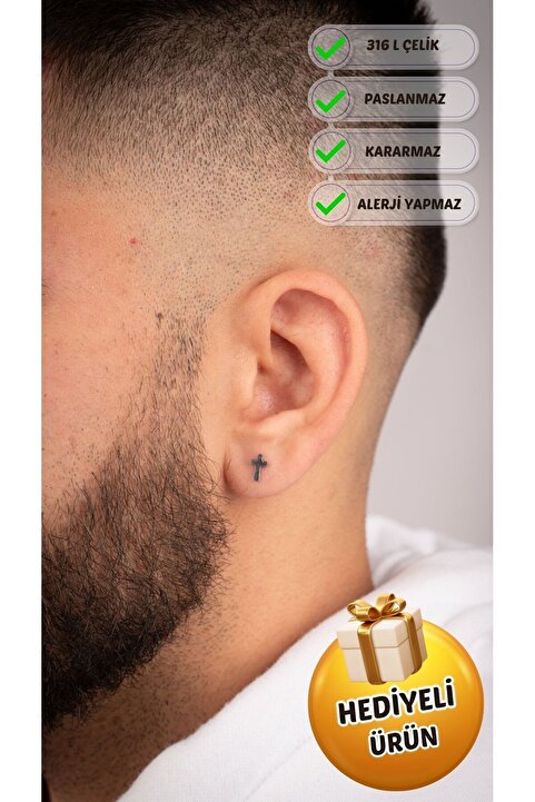 Piercing Market Steel & Silver Erkek Çelik Özel Tasarım Haç Figürlü Küpe Kararma Yapmaz