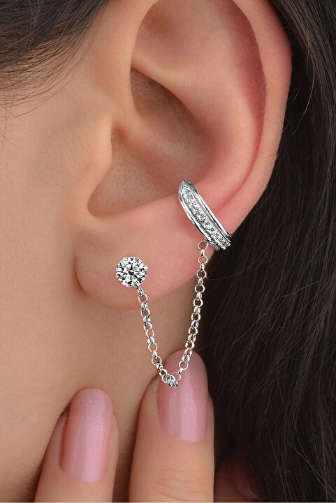 jelux silver Gümüş 925 Ayar Rodyumlu Zirkon Taşlı Kıkırdak Küpe