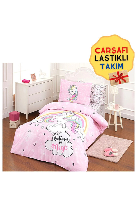 Özdilek Unicorn Lastikli Çarşaflı Kız Çocuk Tek Kişilik Nevresim Takımı