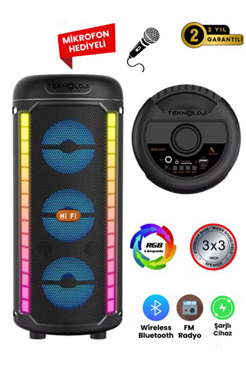 Teknoloji Gelsin Bluetooth Hoparlör 3X3inç 40cm Stereo Effect Rgb Işık Parti Hoparlörü Speaker Karaoke Mikrofon Hediy