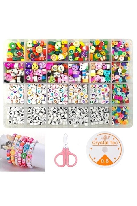 yiğit aksesuar Harf Boncuk (500-600 ADET) Fimo Figür Boncuk (150 ADET) Ve Fimo Boncuk Takı Yapma Seti