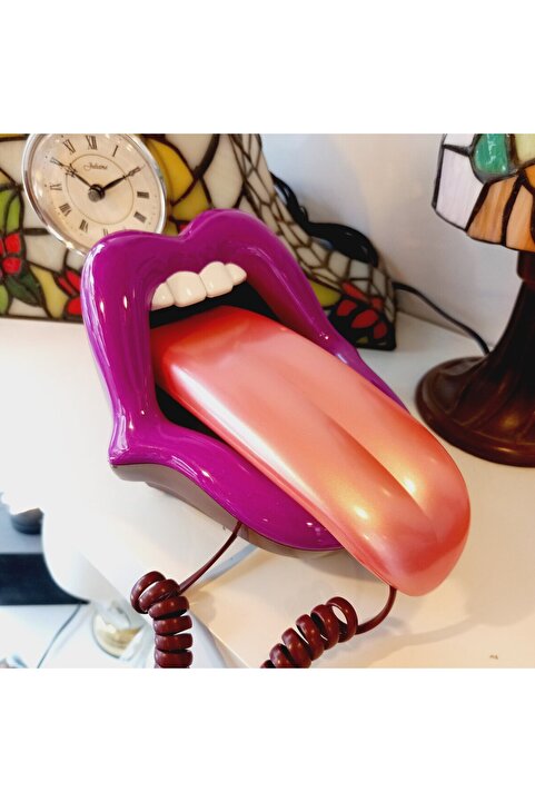 SUPERSTOK Mor Dudak Dil Şeklinde Ev Telefonu Dekoratif İlginç Hediyelik Popart Dekor Koleksiyon Obje Manifest toz Pembe