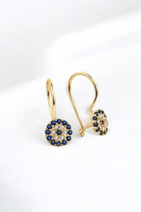jelux silver Gümüş 925 Ayar 7 Mm Mengeçli Safir Taşlı Çocuk Nazar Gold Küpe