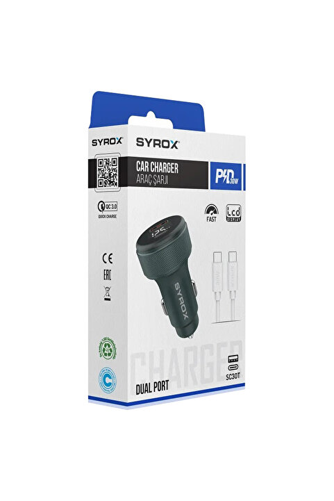 Syrox SC30T 3.1A 30W PD Q.C. 3.0 1mt Type-C Kablolu Ekranlı Type-C + USB-A Araç Şarj Cihazı - Siyah
