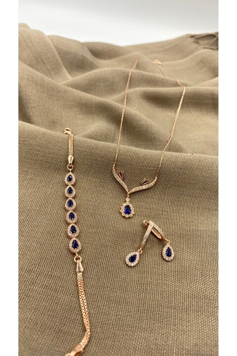 SURA SILVER LACİVERT DAMLA MODEL 925 AYAR ROSE GÜMÜŞ SET (KOLYE,BİLEKLİK VE KÜPE)