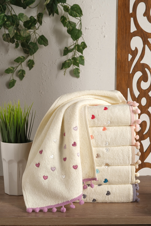 hasgül towel Ponponlu Nakışlı Havlu Seti %100 Pamuk, 30x50 Cm, 6'lı