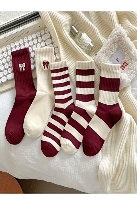 Sky Socks 5'li Ekonomik Paket Bordo-Beyaz Çizgili Kurdele Desenli Unisex Tenis Çorap Seti