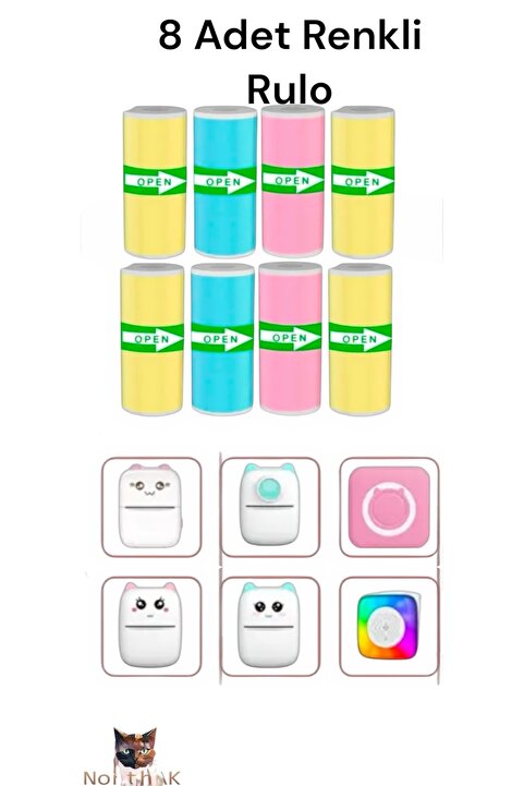 NorthAK 8 Adet Renkli Mini Yazıcı Rulosu Yapışkanlı Sticker 57x25mm - Renkli Çocuk Fotoğraf Makinesi Rulosu