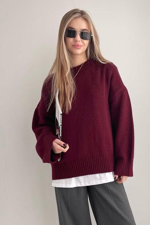 Madmext Bordo Bisiklet Yaka Oversize Triko Kazak MG1972