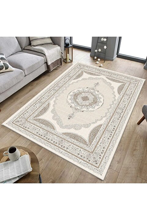 armolin Nakiş Desenli Bej Kadife Görünüm Lastikli Halı Örtüsü (SÜNGERSİZ) Szz-891