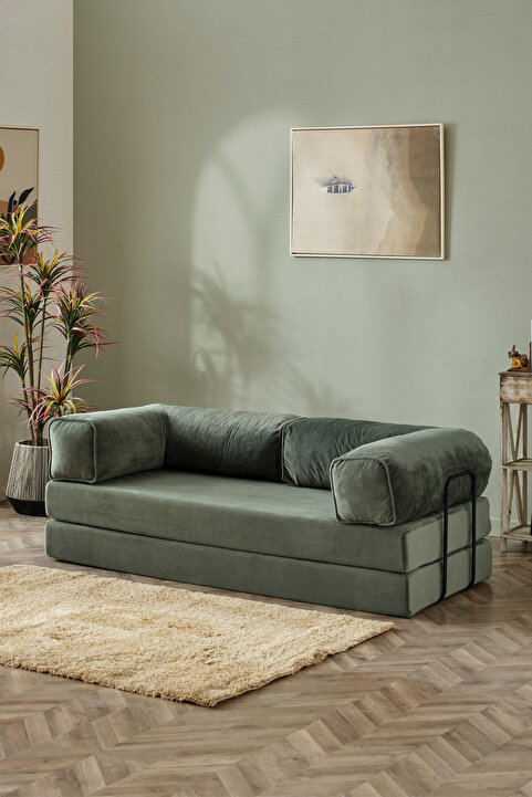Huga Metal Relax 90x200 cm Dinlenme Koltuğu Yatak Olabilen Kanepe Rahat Kanepe Fittilli Kadife Yıkanır Silinir - Yeşil