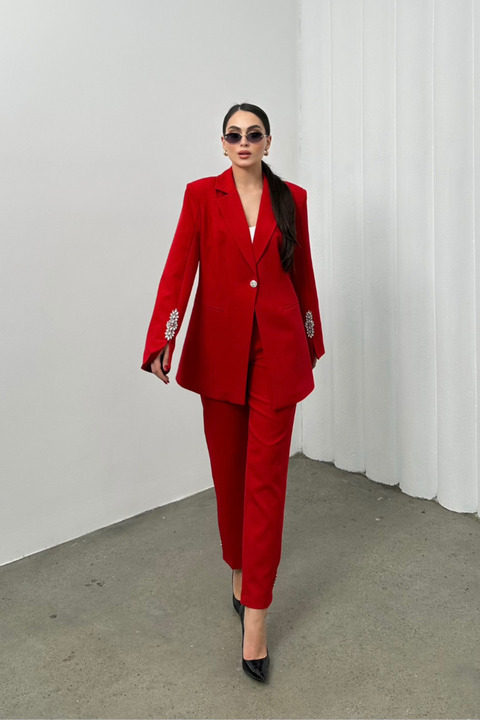 msm fashion Kadın Ikili Takım Taş Detaylı Boru Paça Blazer Ceket Pantolon Takım