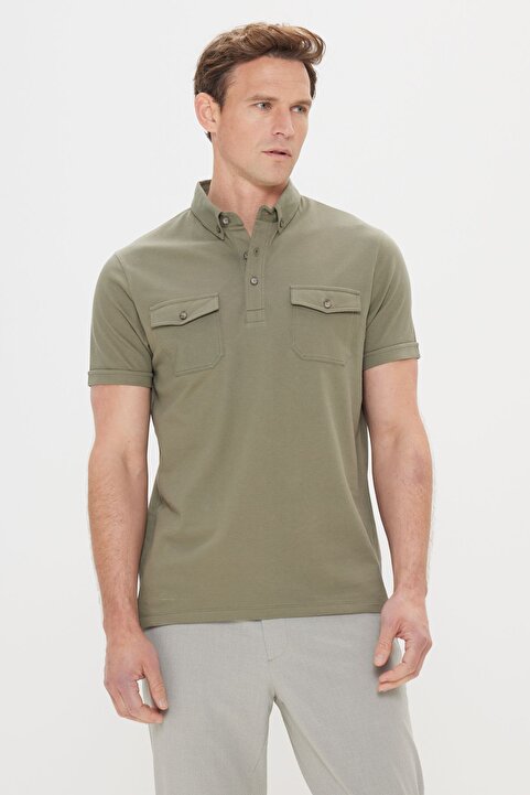 Altınyıldız Classics Erkek Haki %100 Pamuk Slim Fit Dar Kesim Polo Yaka Tişört