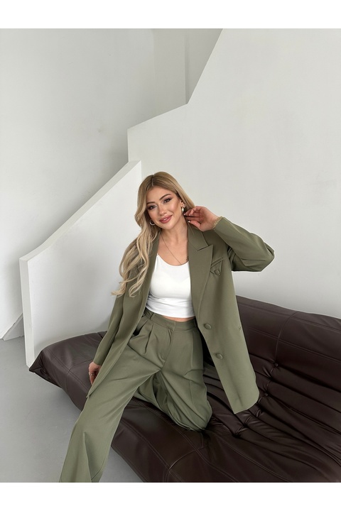 HOEK Kadın Haki Düğme Detay Blazer Ceket Pantolon Takım Elbise