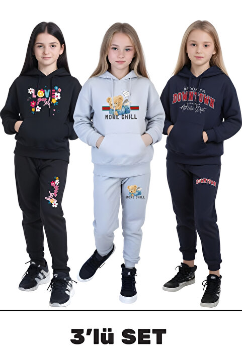 FYK KİDS 3'lü KIZ ÇOCUK KANGURU CEPLİ BASKI DETAYLI EŞOFMAN TAKIMI