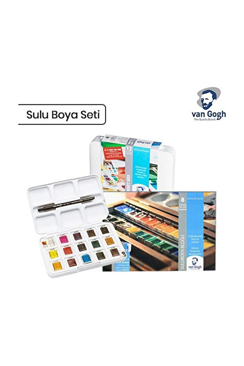 Van Gogh 12+3 Renk Plastik Kutulu Tablet Sulu Boya Seti + Sulu Boya Blok