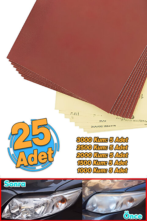 Badem10 (25 Adet) Su Zımparası Kağıt Far Temizleme Parlatma İnce Kalın Kum Set 3000-2500-2000-1500-1000 Kum
