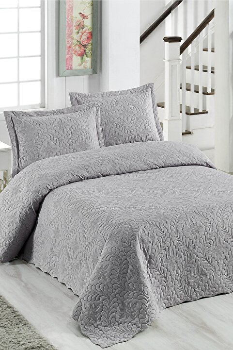 Örtüm İvy Gri Çift Kişilik Microfiber Kapitone Yatak Örtüsü