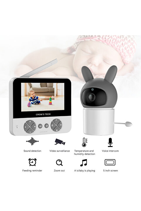 CROW'S TECH LCD Ekranlı Gece Görüşlü Bebek Izleme Kamerası Hatırlatıcılı-Oda Sıcaklığı Kontrollü-Telsiz Ve 360 D