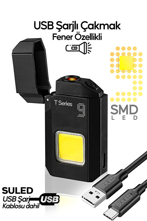 SULED Şarjlı Çakmak T9 LED Fener Özellikli USB Şarjlı Kamp Çakmağı COB Led CE Rüzgardan Etkilenmez