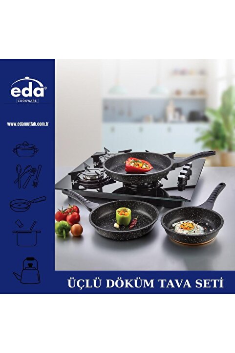 Eda Granit Döküm 3'lü Tava Seti Gri 20-24-28 Cm