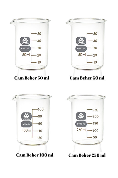 Mr. Crowley Cam Beher 2 adet 50 ml, 1 adet 100 ml ve 1 adet 250 ml Set 4 Parça Isıya Dayanıklı Beherglas