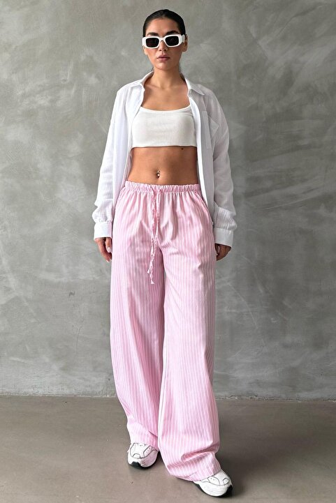 Madmext Pembe Beli Ayarlanabilir Çizgili Cepli Bol Paça Kadın Pantolon Mg2312