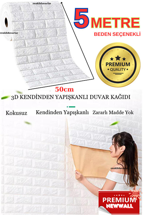 Renkli Duvarlar 50x500cm Beden Seçeneği İle Beyaz Kendinden Yapışkanlı Duvar Kağıdı Esnek Paneli 3d Tuğla Desen