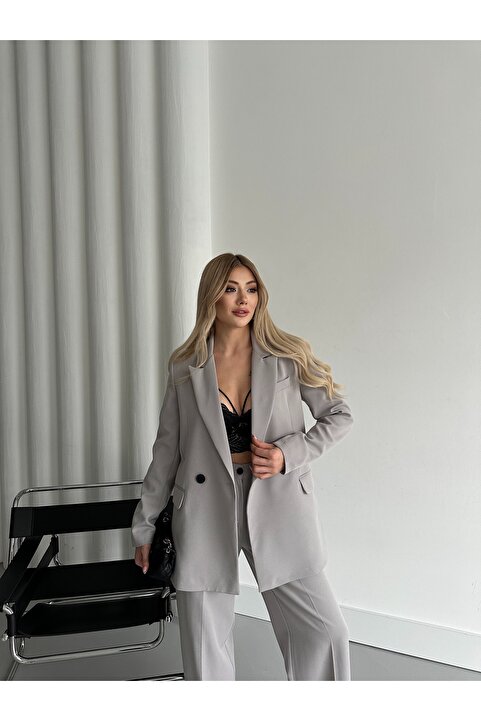 HOEK Kadın Açık Gri Blazer Ceket Palazzo Pantolon Takım Elbise