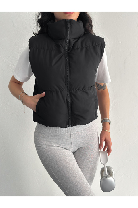 ladyzey kadın dik yaka fermuarlı yandan cepli kısa şişme yelek