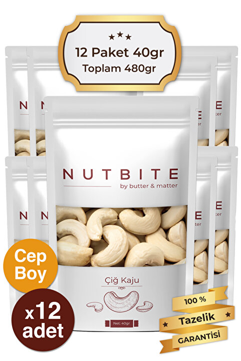 NUTBITE 12’li Cep Boy - Çiğ Kaju - Taptaze Yeni Mahsül - Yağsız & Tuzsuz Atıştırmalık Kuruyemiş - (12X40GR)