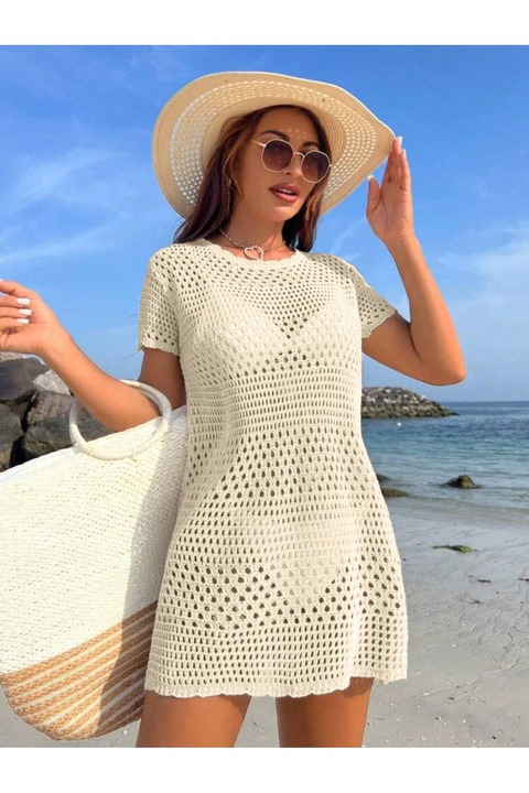 DRESSY CL Bisiklet Yaka Ajurlu Desen Kısa Kol Bikini Üstü Pareo-Plaj Elbisesi