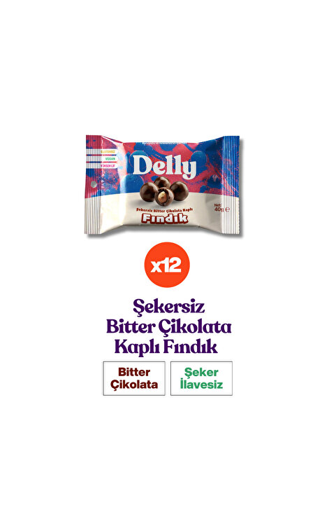 Delly 12 Adet Şekersiz Bitter Çikolata Kaplı Fındık 40g