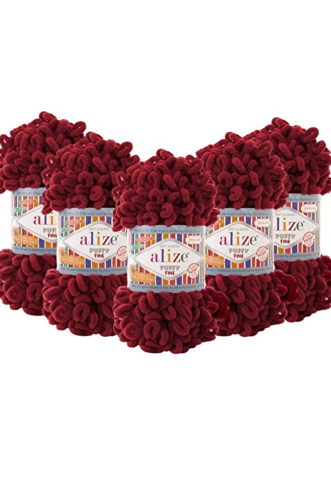 Alize 5'li Puffy Fine (İNCE) El Örgü Ipliği 5'li Paket - 107 Vişne - 100 Gr. 14.5 Mt. Parmak Örgü Ipi