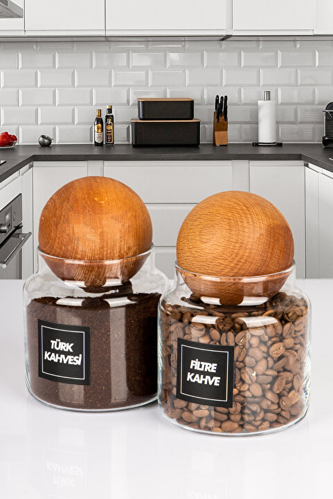 naturelove 2'li Ahşap Top Kapaklı Türk Kahvesi ve Filtre Kahve Kavanozu Saklama kabı Cam 600 ML