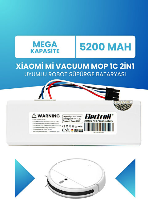 ELECTROLL Xiaomi Mi Vacuum Mop 1c 2in1 Uyumlu Batarya (MEGA KAPASİTE) 5200mah Robot Süpürge Pil Stytj01zhm