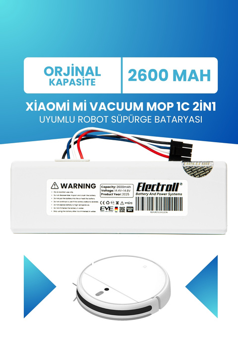 ELECTROLL Xiaomi Mi Vacuum Mop 1c 2in1 Uyumlu Batarya (ORJİNAL KAPASİTE) 2600mah Robot Süpürge Pil Stytj01zhm