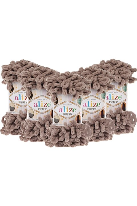 Alize (5 Adet ) Puffy El Örgü Ipliği 5'li Paket - 530 Koyu Bej - 100 Gr. 9 Mt. Parmak Örgü Ipi