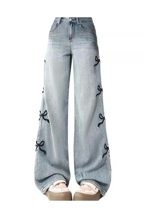 Touz Moda Y2k Ribbon Detail Bol Paça Yıkamalı Pantolon Jean