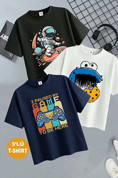 twins tailors Kurabiye Canavarı Baskılı 3'lü Paket Unisex Lacivert-Siyah-Beyaz Çocuk T-Shirt