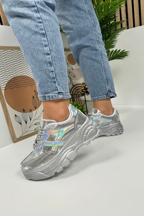 Nstil Günlük Kadın Gümüş Hologram Sneaker Kalın Yüksek Taban Bağcıklı Tiger Şeritli Spor Ayakkabı 032