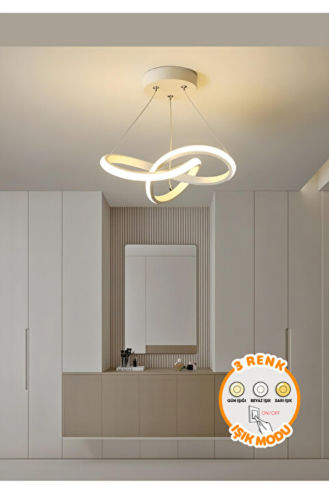Dekorluna Modern Forte Beyaz Tekli 3 Renk Işıklı Power Ledli Salon Mutfak Oda Hol Ledli Avize